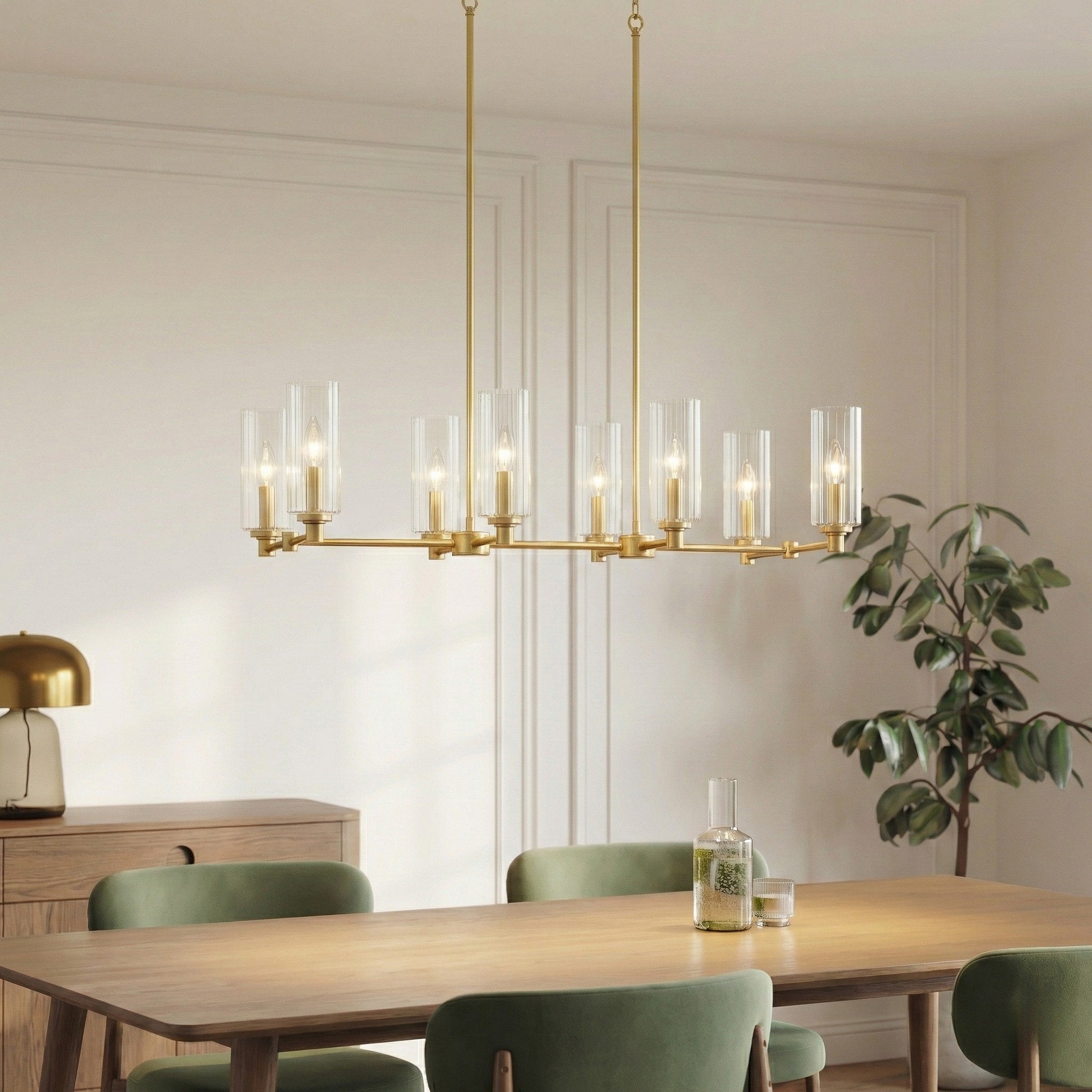 Willow Eight Lights Island with Clear Ribbed Glass Pendant Lamp - Satin