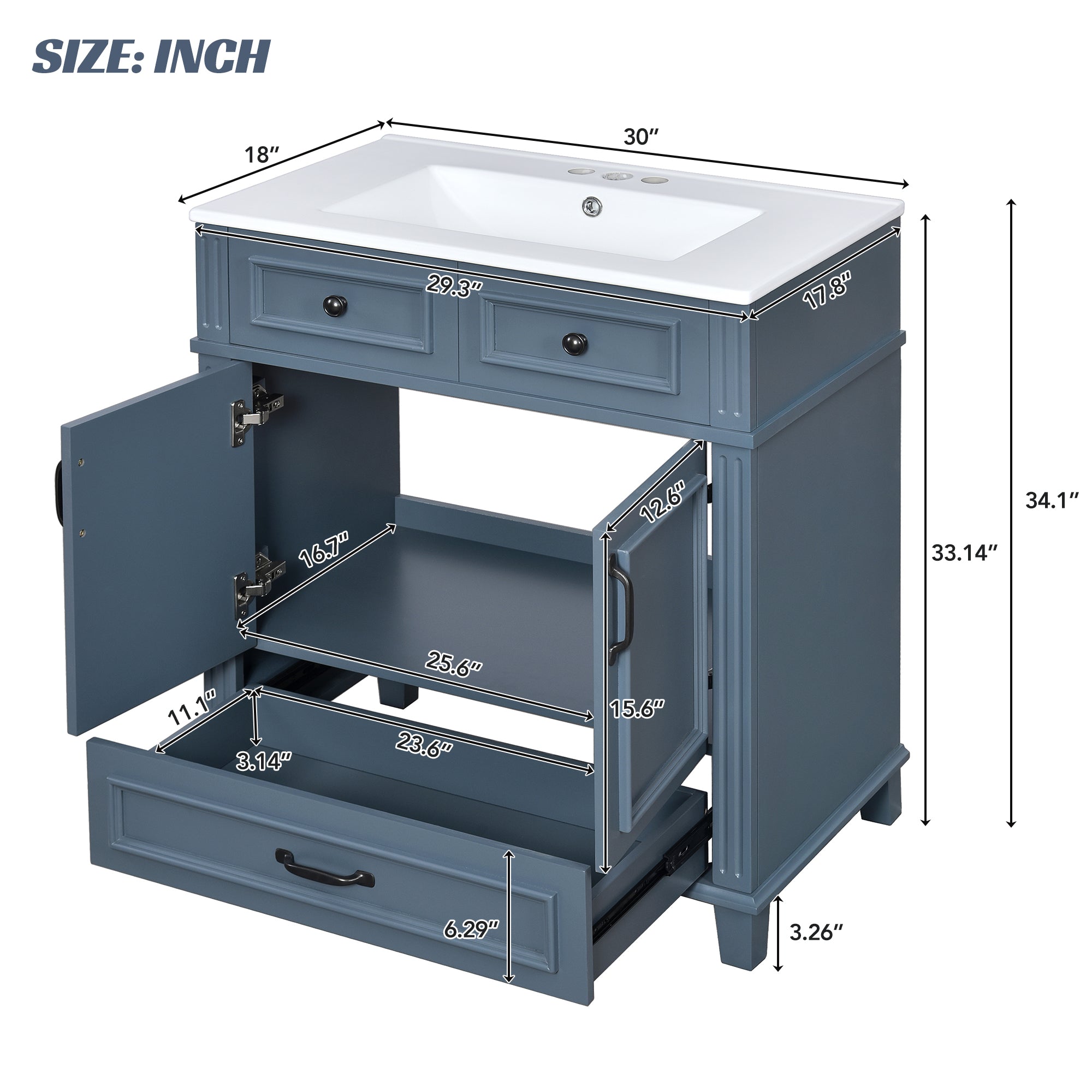 30'' Bathroom Vanity with Ceramic Sink and Soft Closing Doors