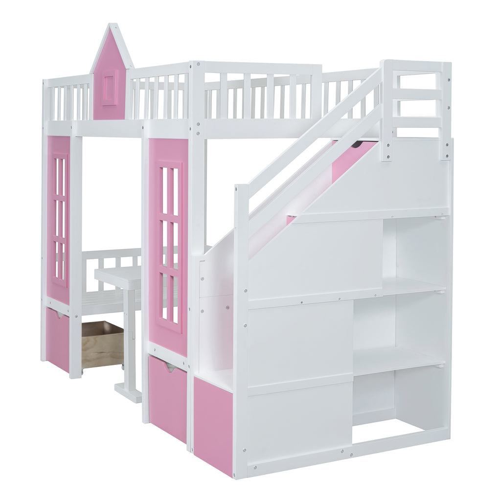 Twin-Over-Twin Bunk Bed with Changeable Table - Pink