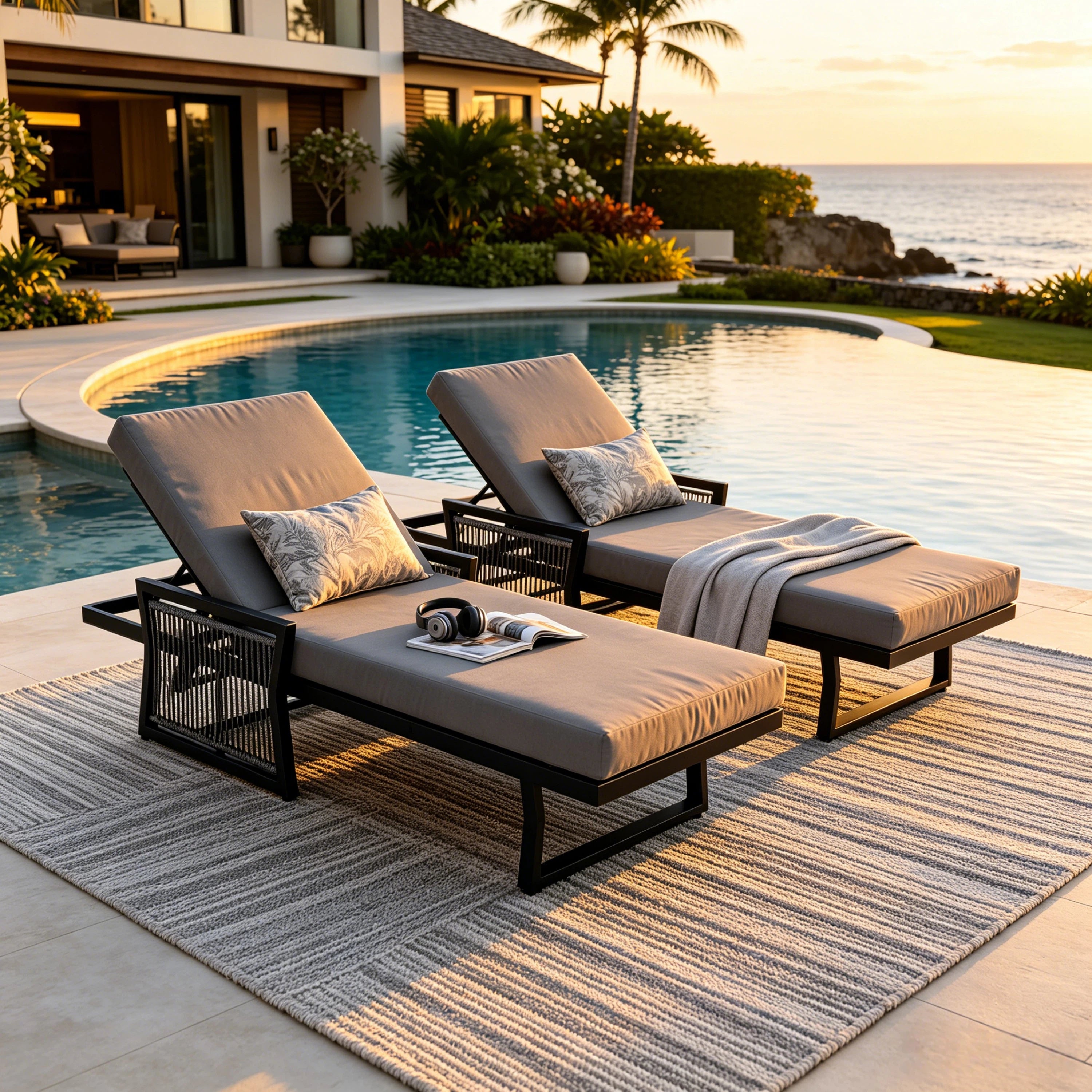 Black Iron Outdoor Chaise Lounge with Mixed Rope