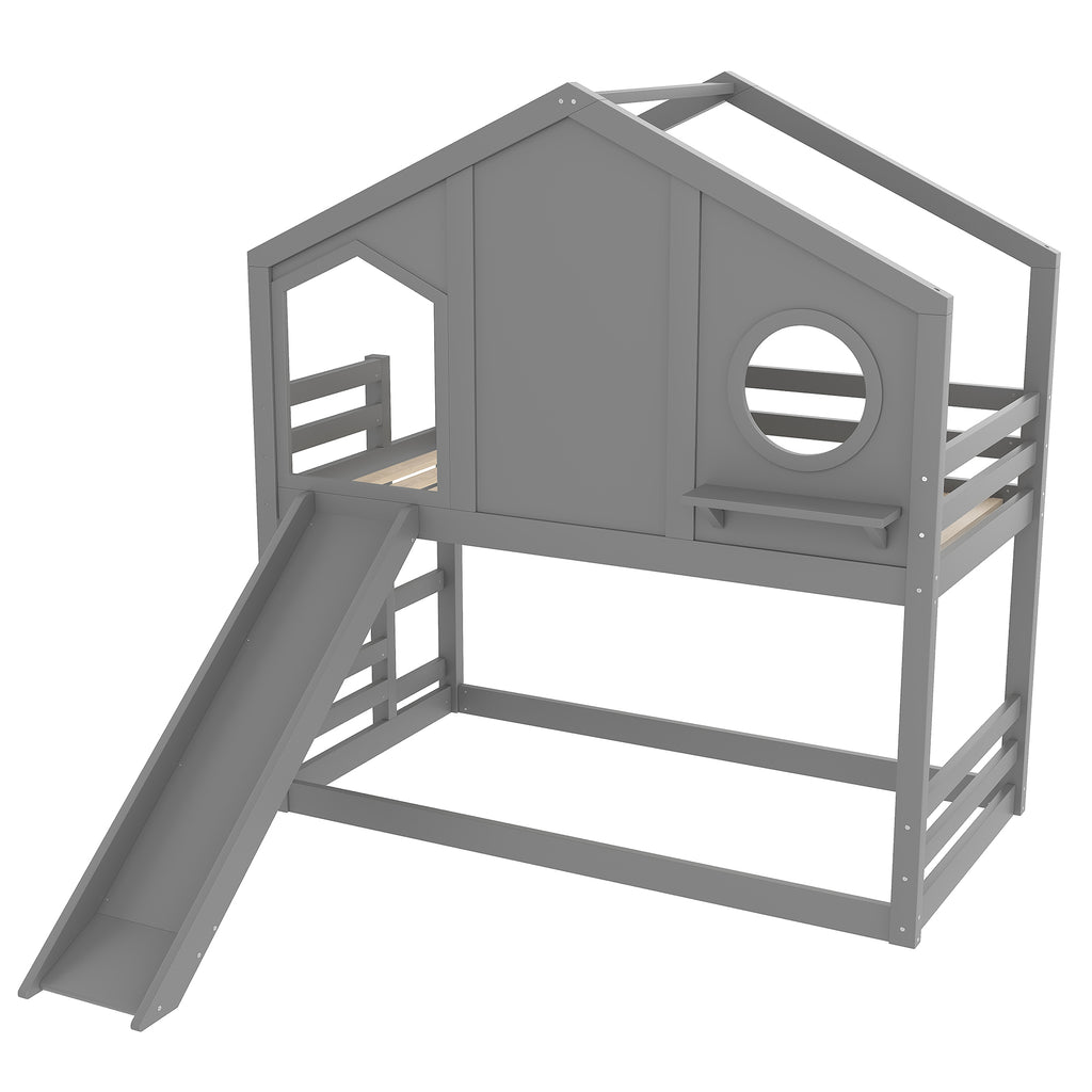 Twin House Bunk Bed with Slide and Storage Shelves