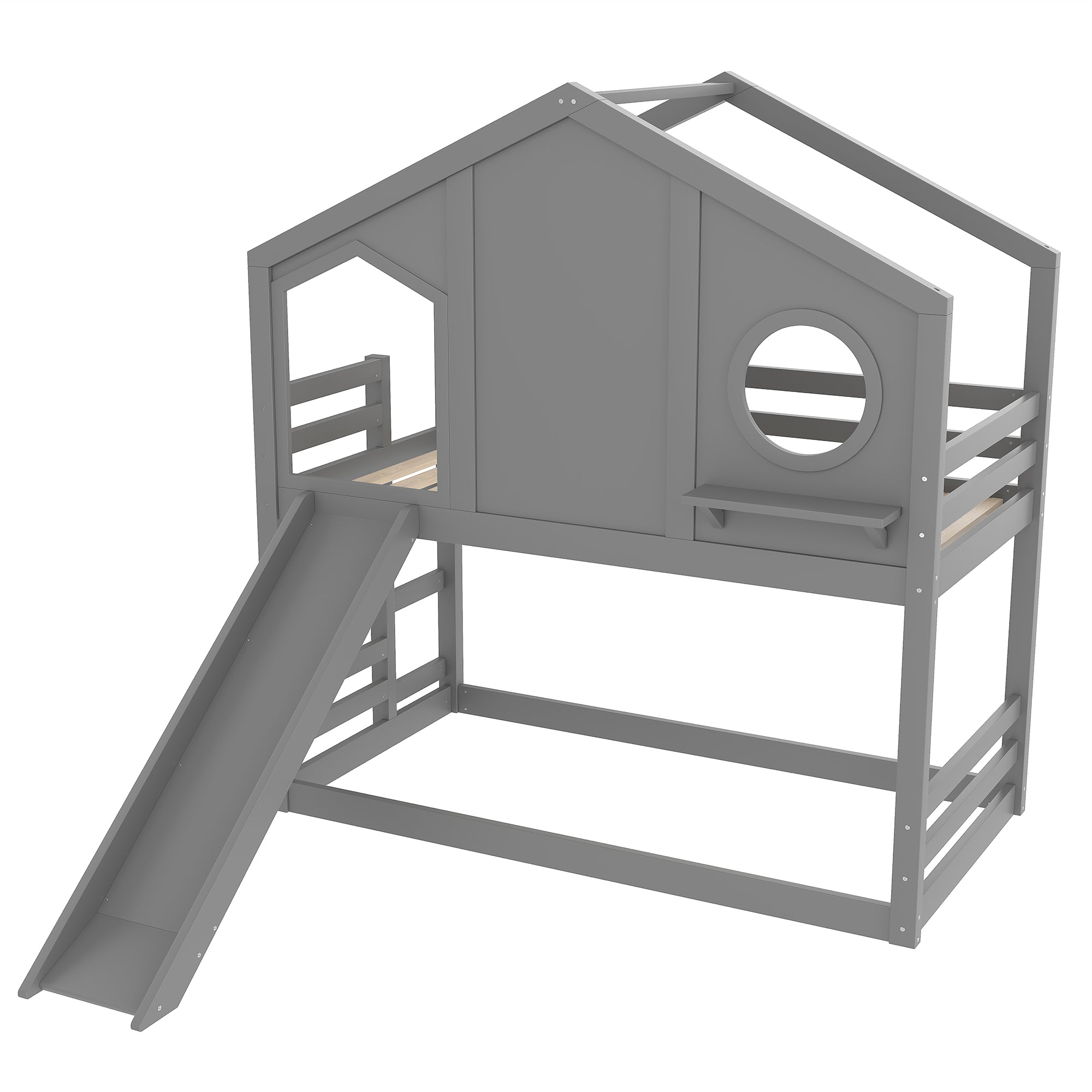 Twin House Bunk Bed with Slide and Storage Shelves