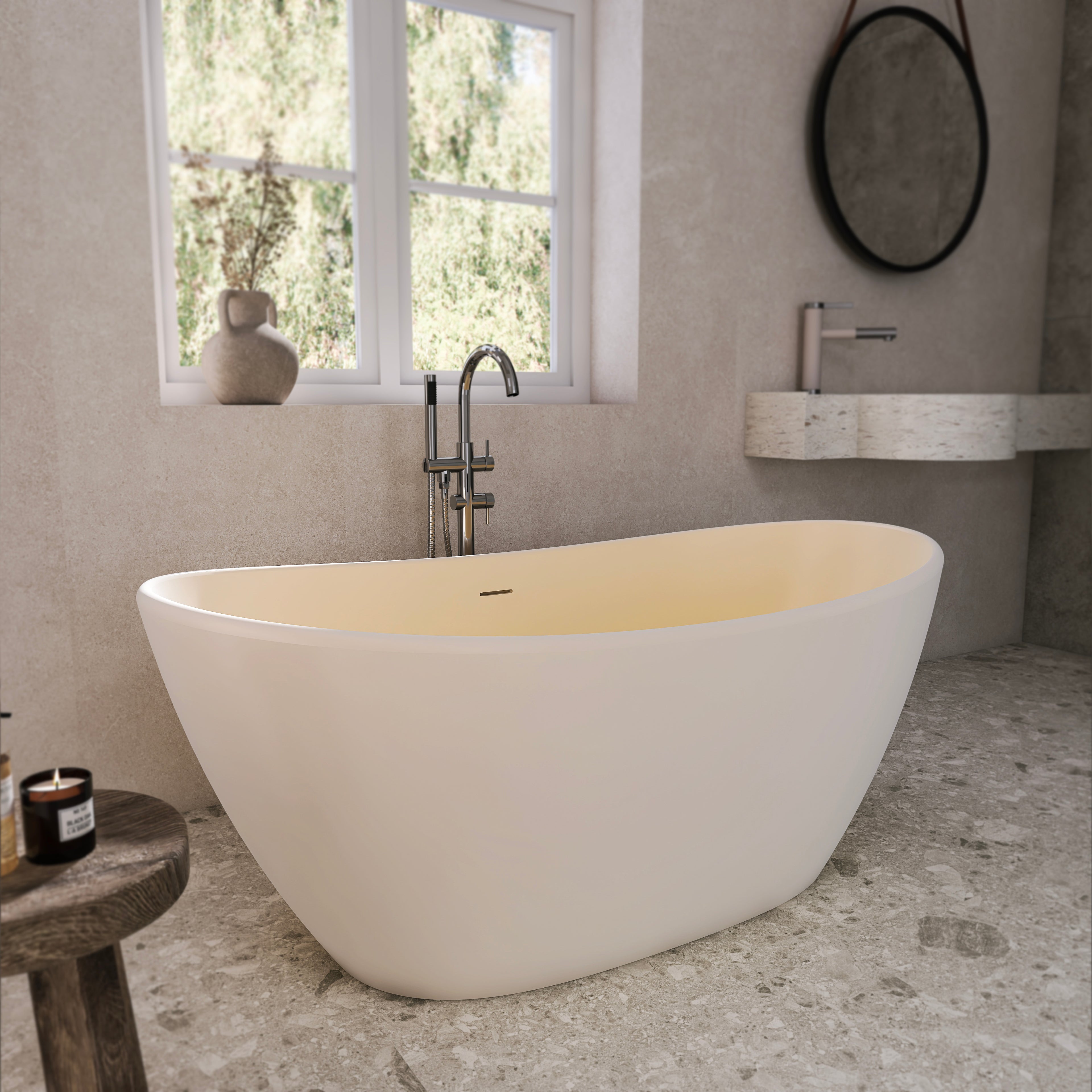 61 Inch Freestanding Solid Surface Soaking Bathtub