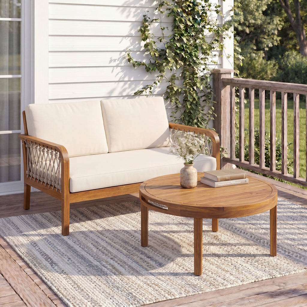 Outdoor Acacia Wood Loveseat & Coffee Table Set with Handwoven Rope