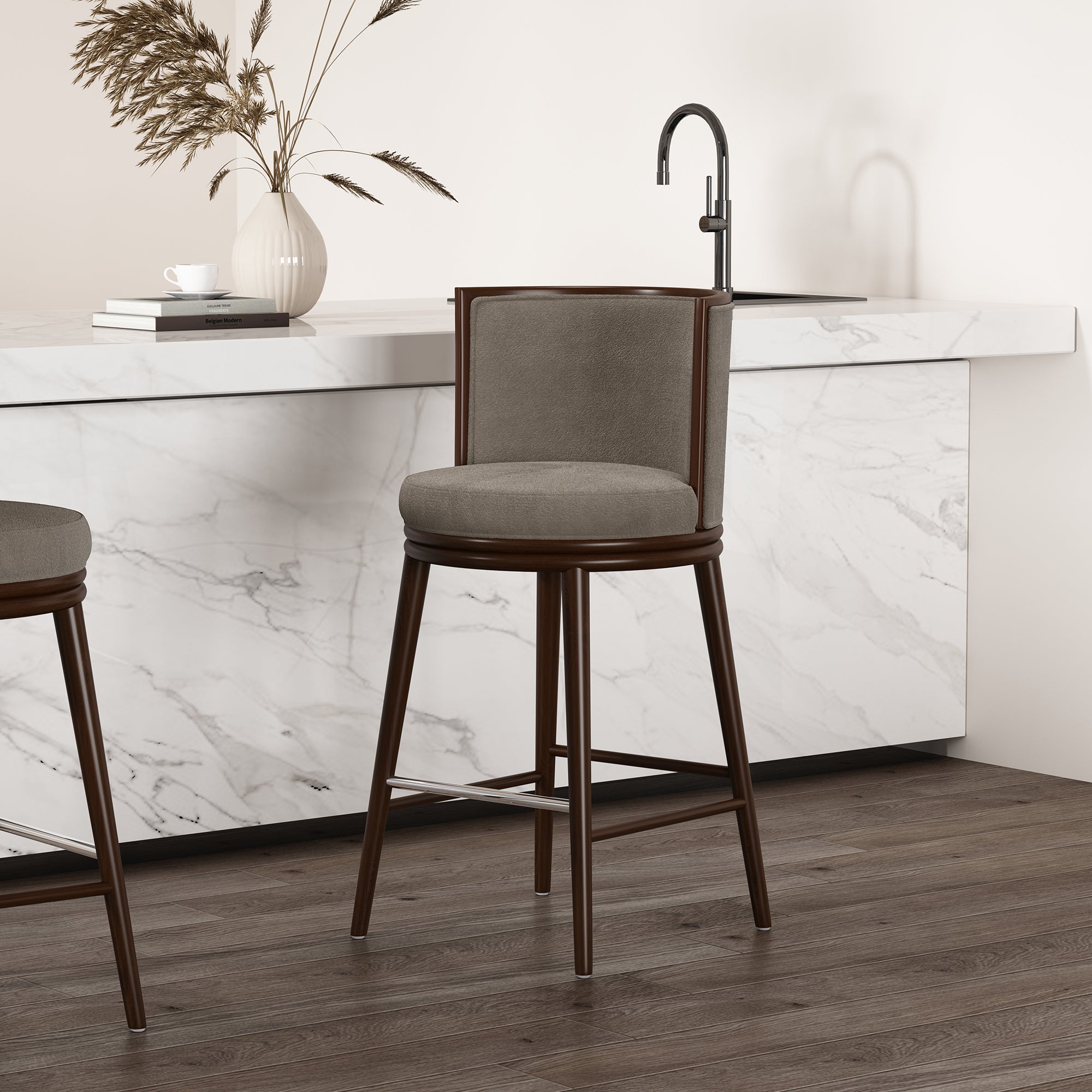 Evalyn Dove Textured Chenille Barstool with Beech Wood Legs