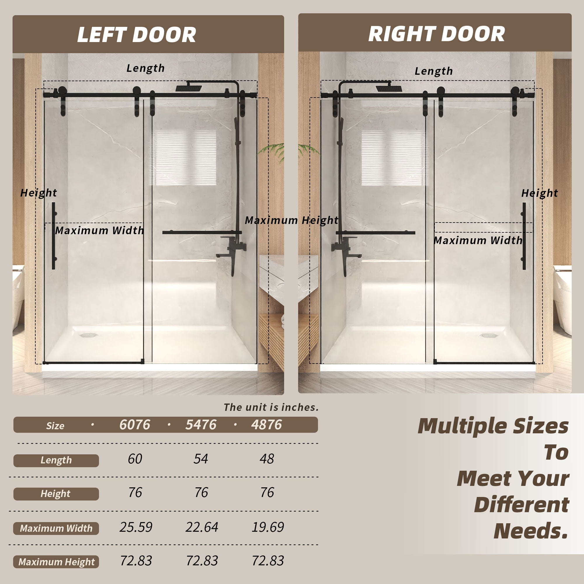 Frameless Sliding Shower Door - 5/16" Clear Tempered Glass