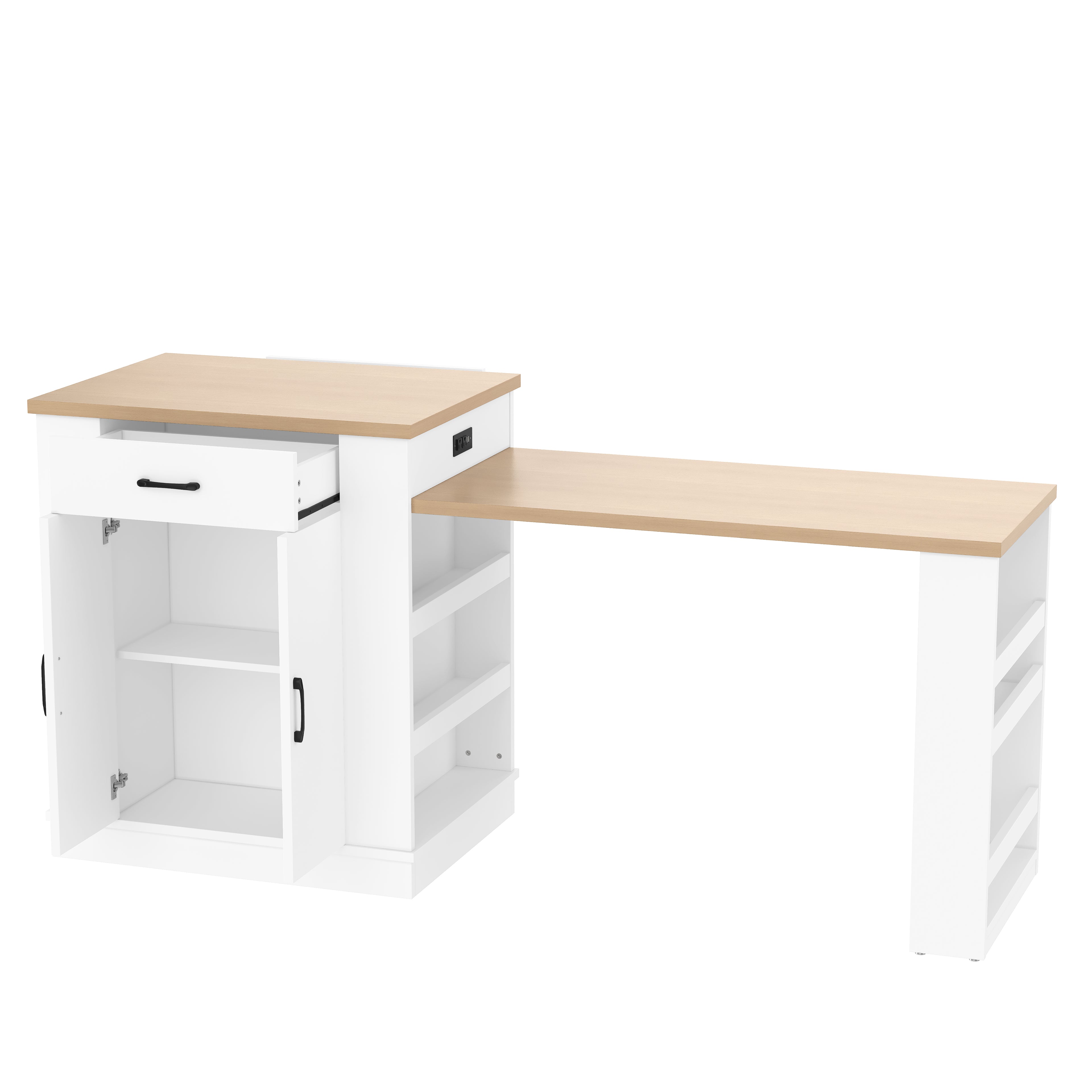 Extendable Island Console with Drawers, Double-Door Cabinet & Open Shelving
