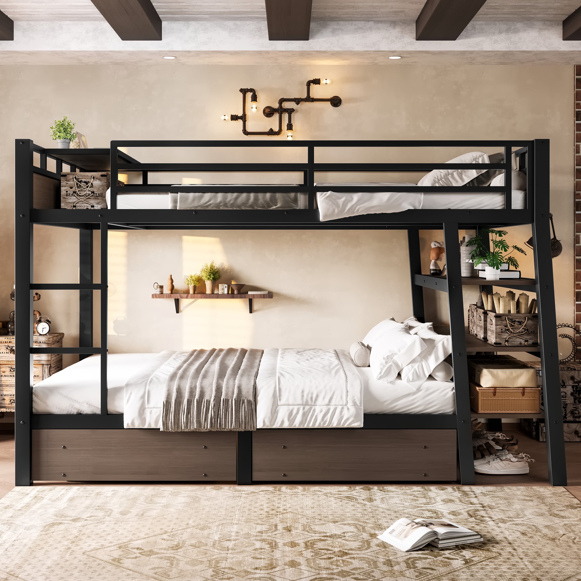Full Size Metal Bunk Bed with Storage Shelves