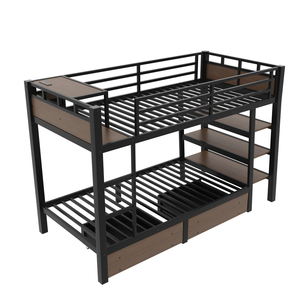 Twin Size Metal Bunk Bed with Storage Shelves and USB Power