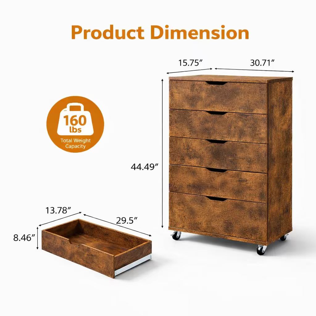Rustic 5 Drawer Dresser on Wheels