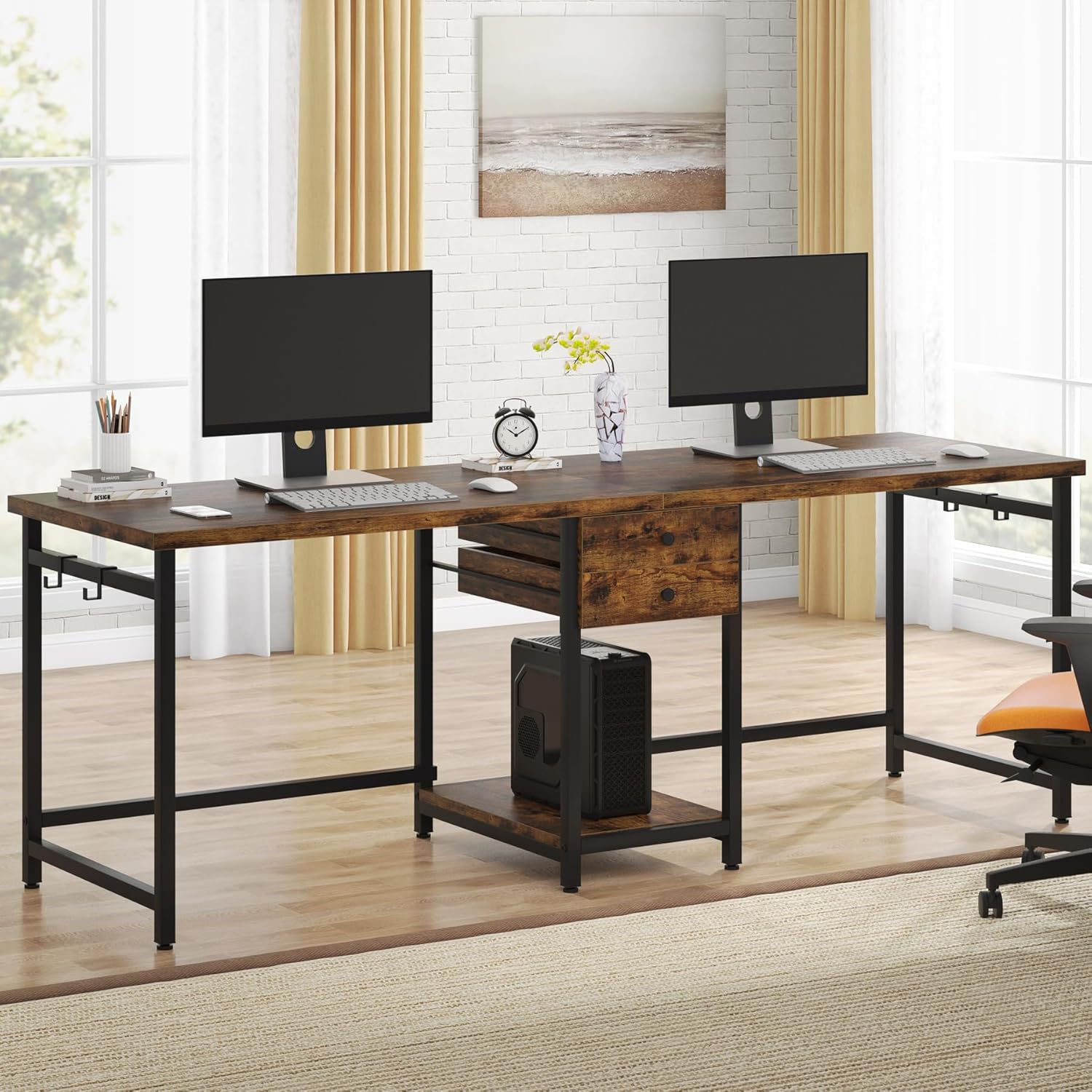 79-Inch Two Person Computer Desk with Drawers and Storage Shelves