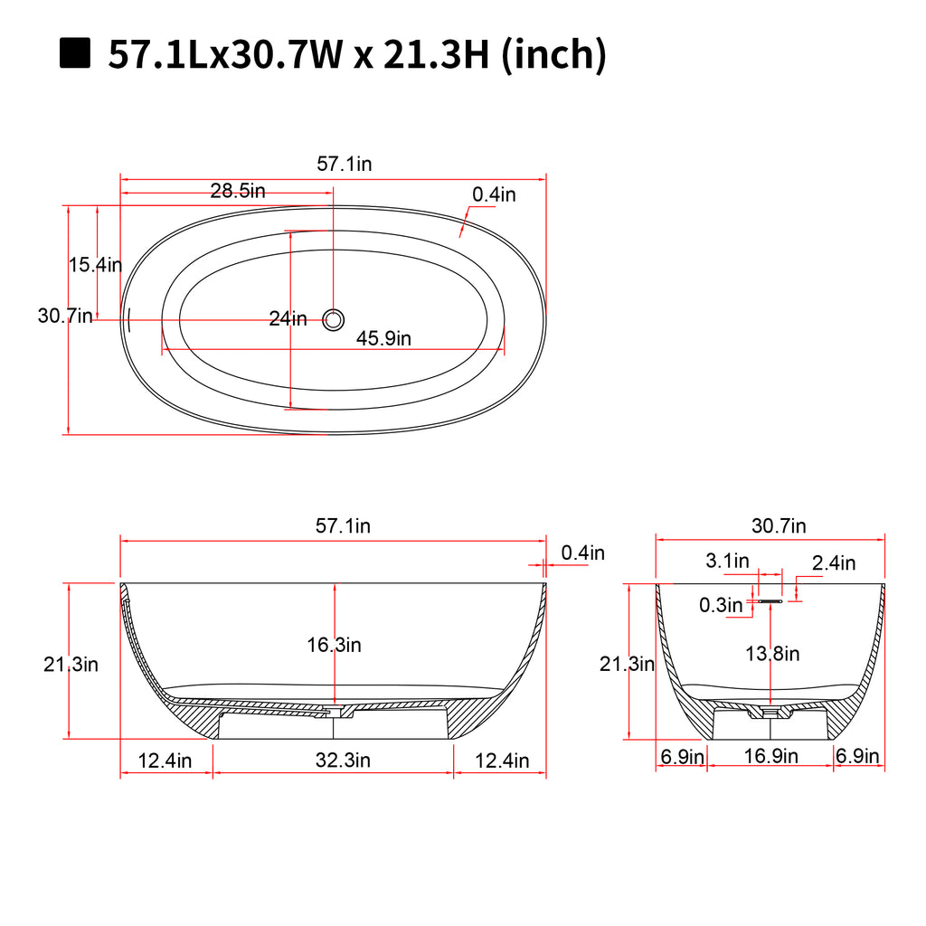 57'' Freestanding Bathtub Resin Stone Soaking Bathtub