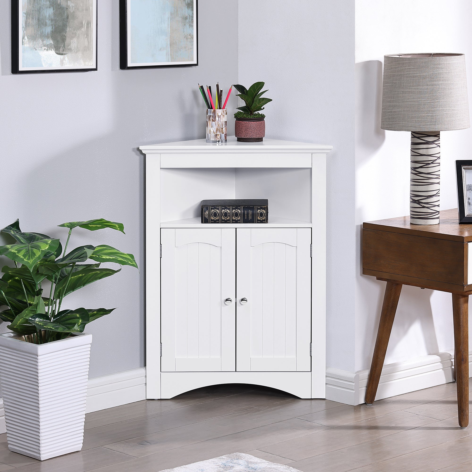 Bathroom Floor Corner Cabinet with Doors and Shelves