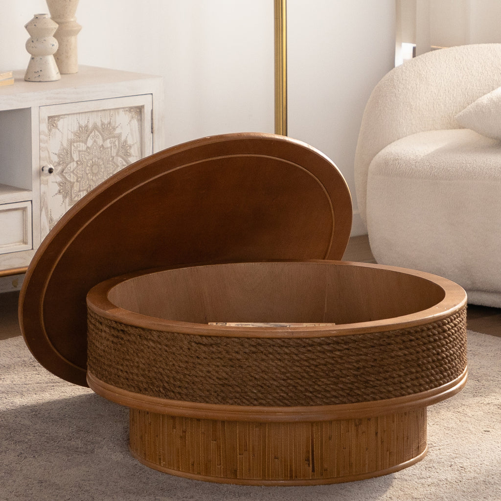 31.5-Inch Round Retro Coffee Table With Flip-Top Cover, Natural