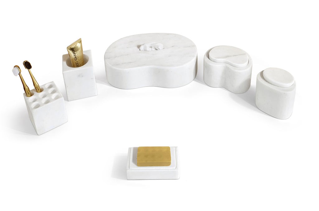 White Natural Marble 6-Piece Bathroom Accessories Set, Honed Finish