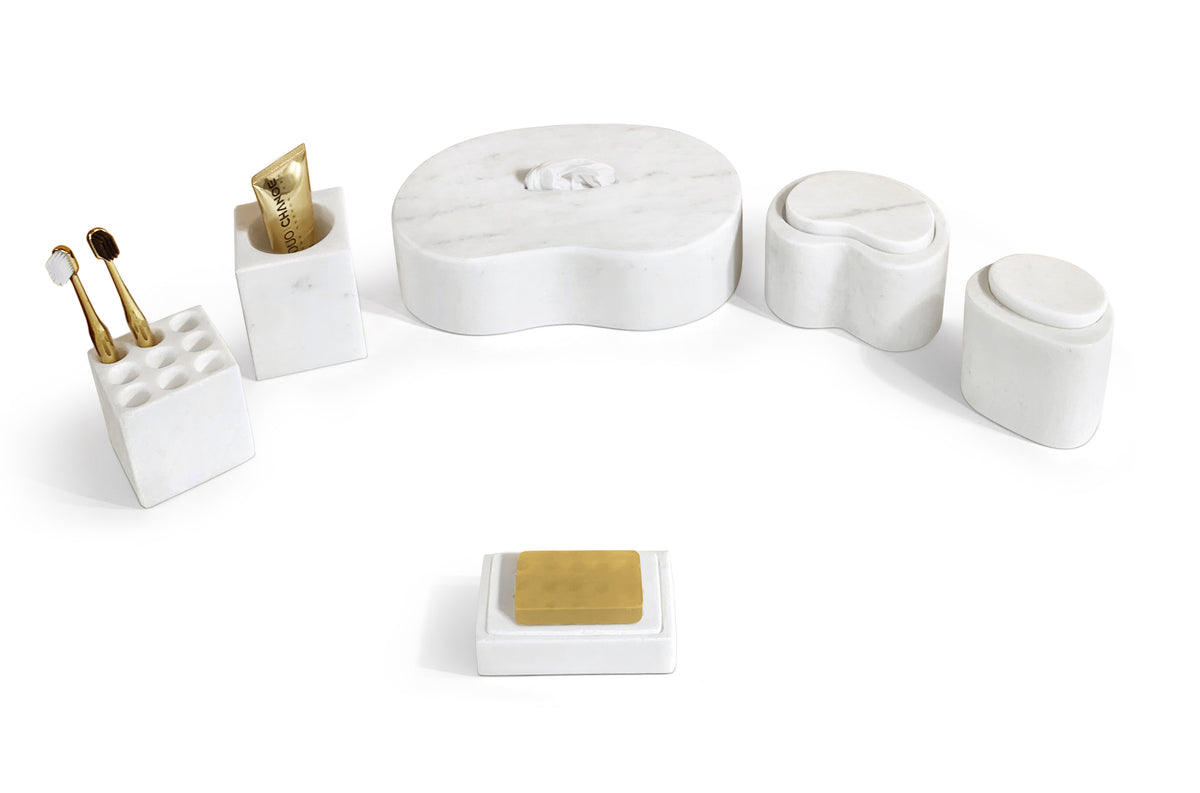 White Natural Marble 6-Piece Bathroom Accessories Set, Honed Finish