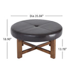 Round Leather Ottoman Coffee Table with Solid Wood Base