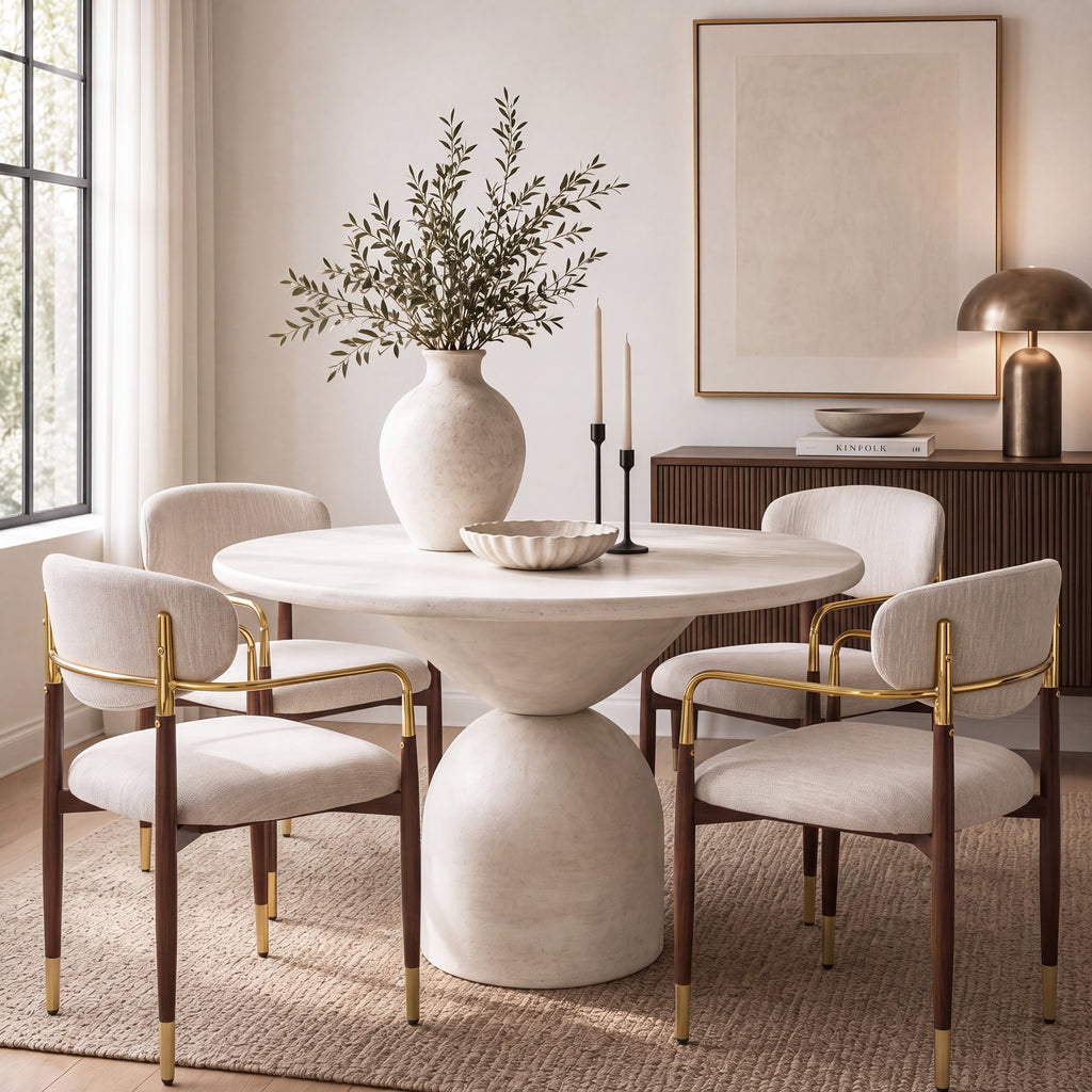 Modern Iron Frame Armchair Dining Chair With Upholstered (Set of 2),Beige+Walnut+Gold