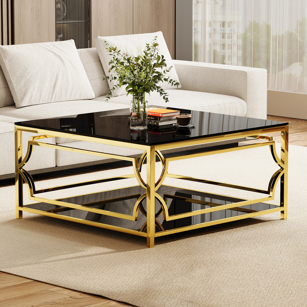 Square Glass Coffee Table in 33.5" with Luxurious Geometric Metal Frame