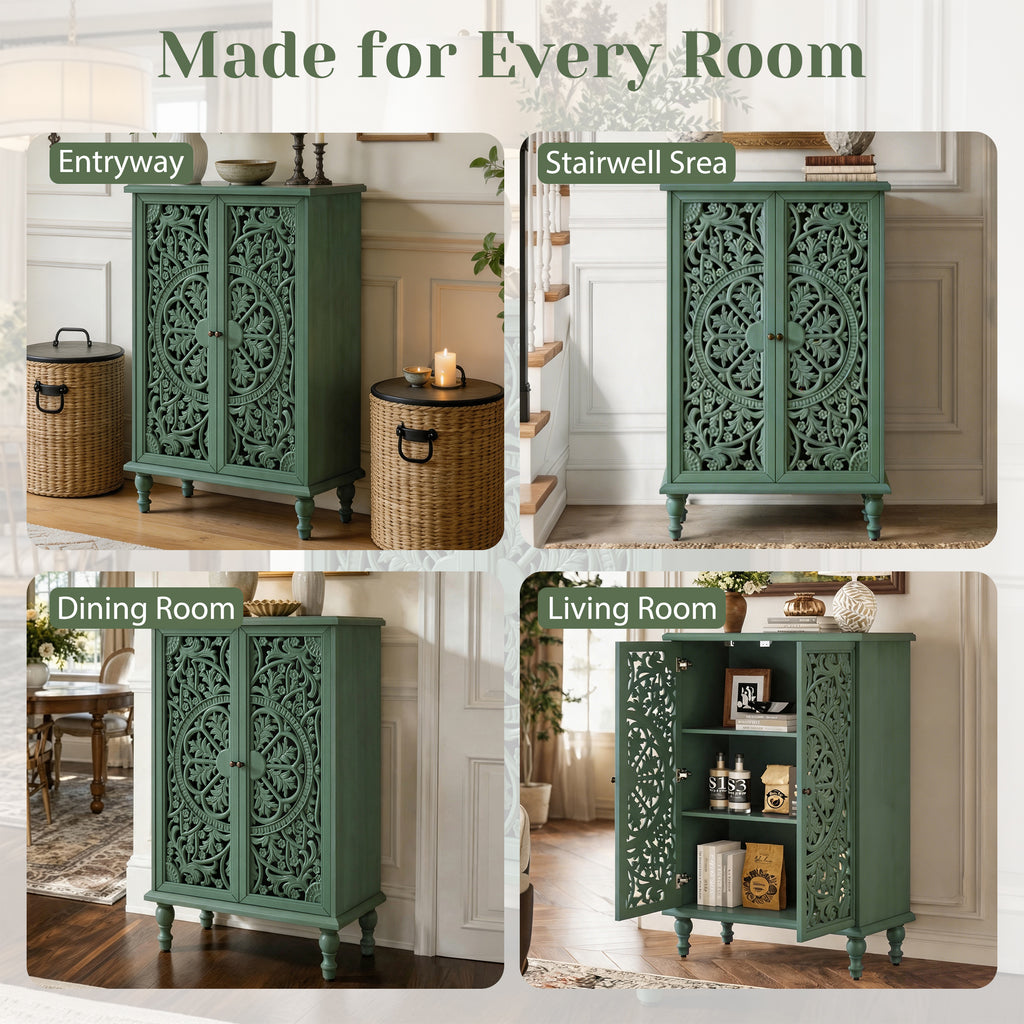 Tall Accent Cabinet with Carved Double Doors, Antique Green, 47-Inch