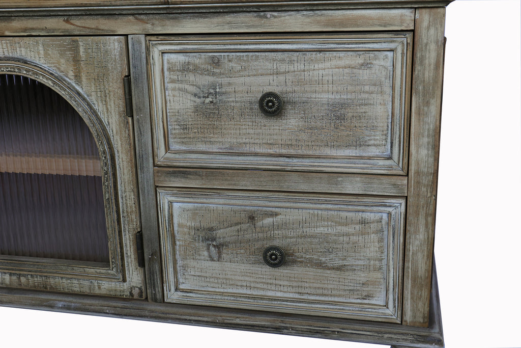 60" Farmhouse TV Stand with 4 Drawers & 2 Glass Doors