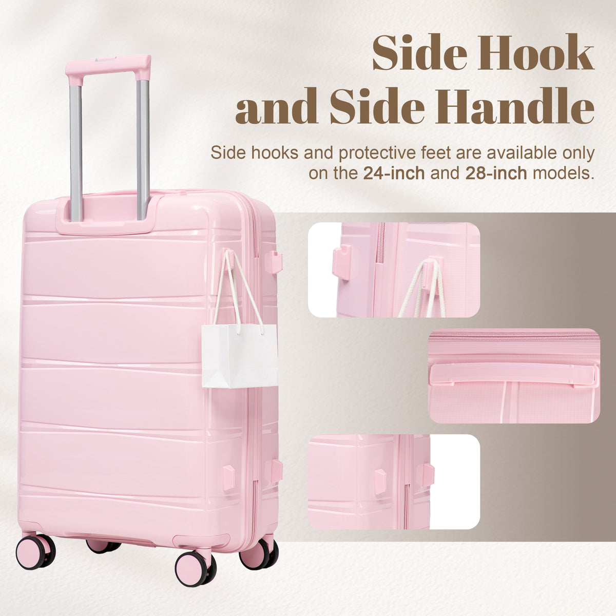 3-Piece Hard Case Luggage Set, 20/24/28 Inch, Polypropylene with Spinner Wheels, Pink