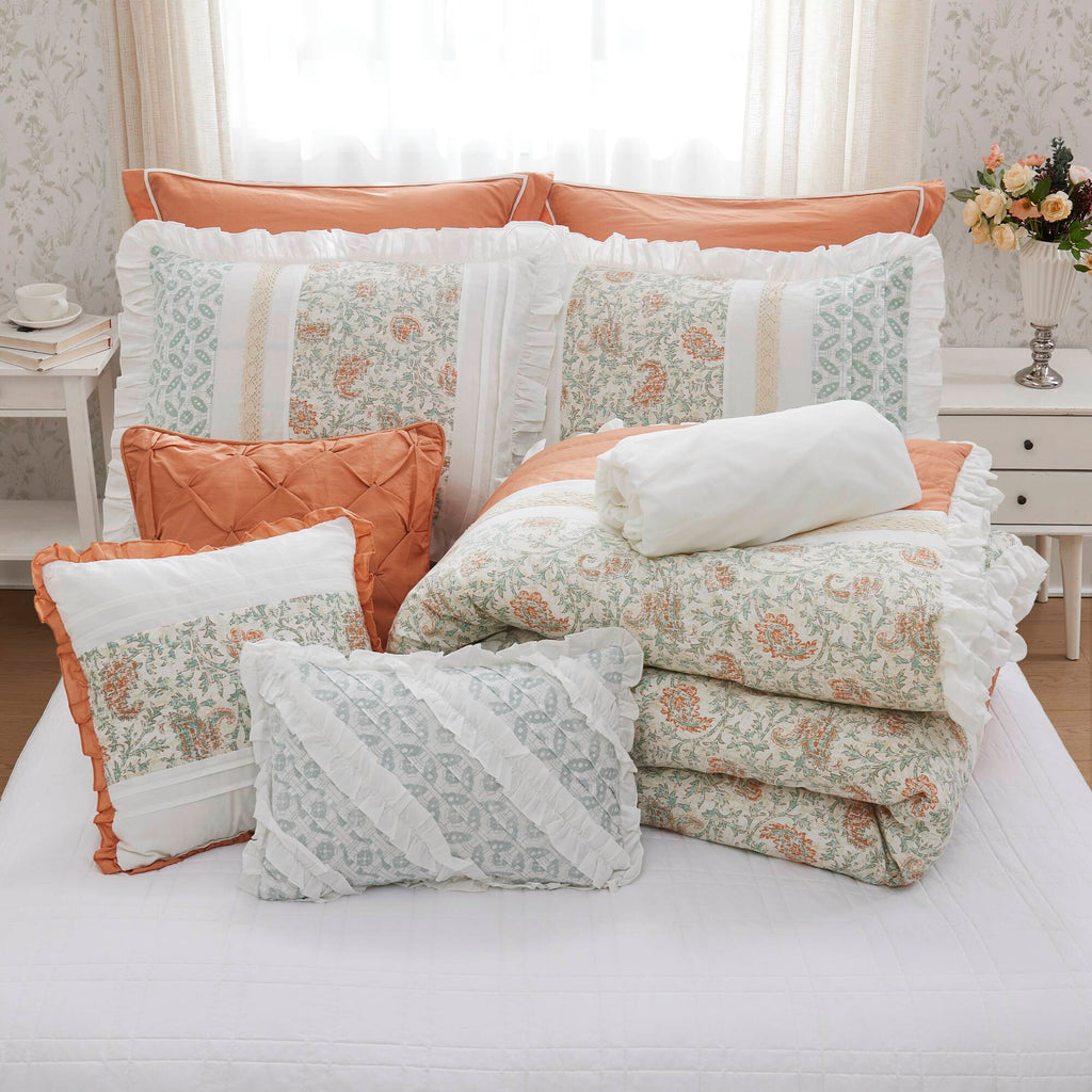 9 Piece Cotton Percale Comforter Set - Coral Queen