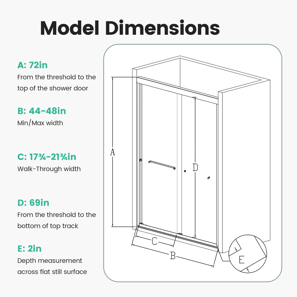 44"-48"W x 72"H Semi-Frameless Double Sliding Shower Door
