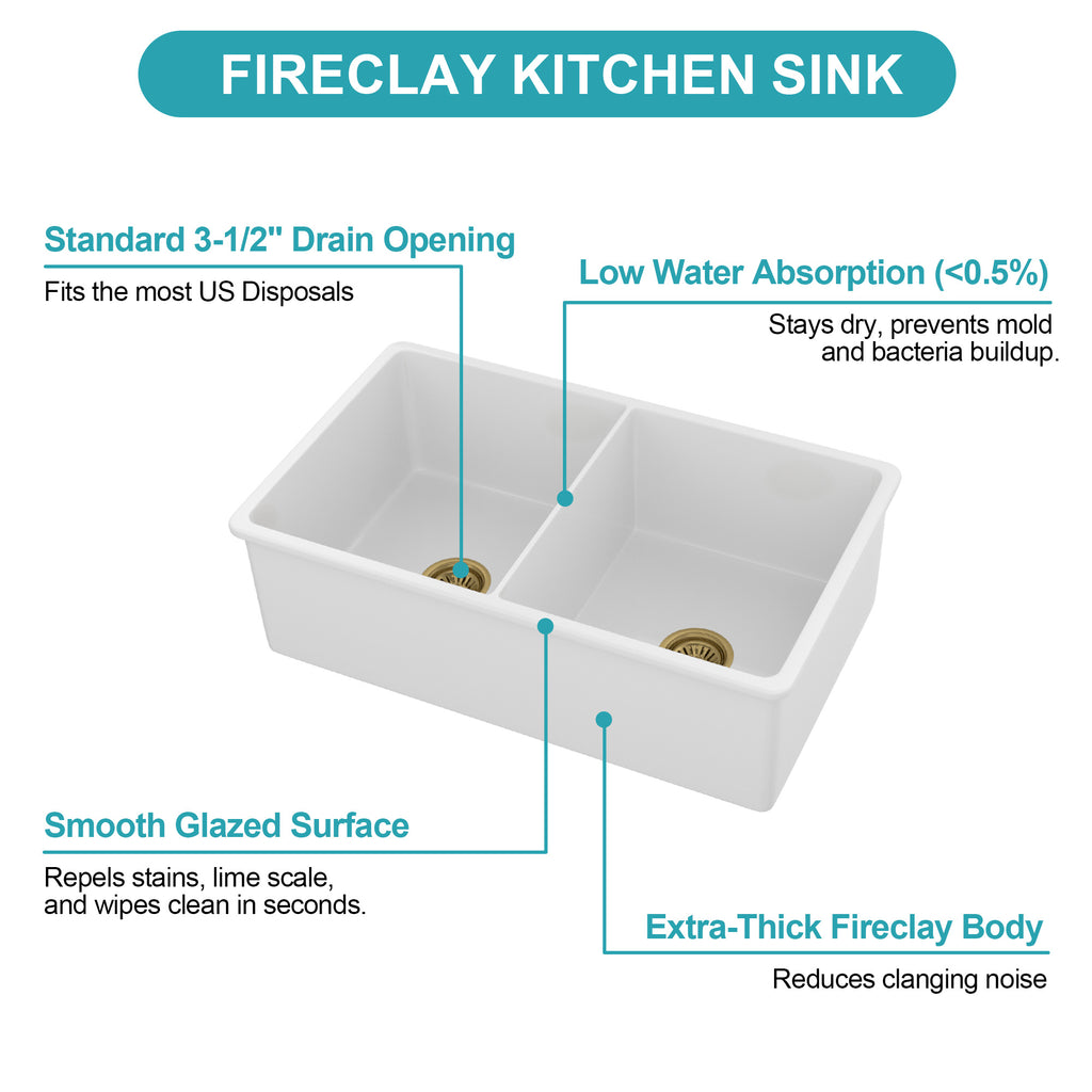 32"x19"x10" Undermount Double Bowl Porcelain Fireclay Kitchen Sink