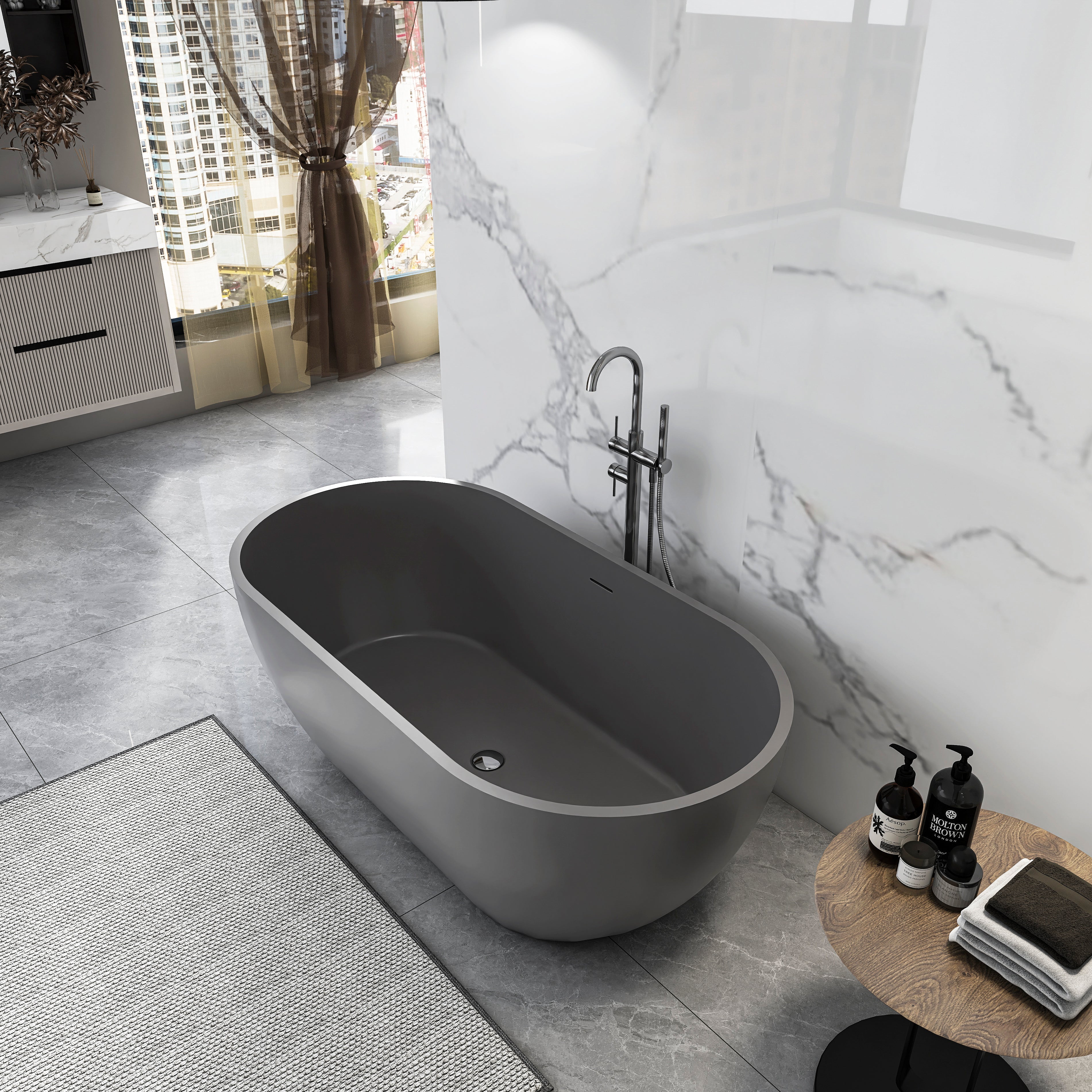 59 Inch Solid Surface Oval Shape Freestanding Bathtub