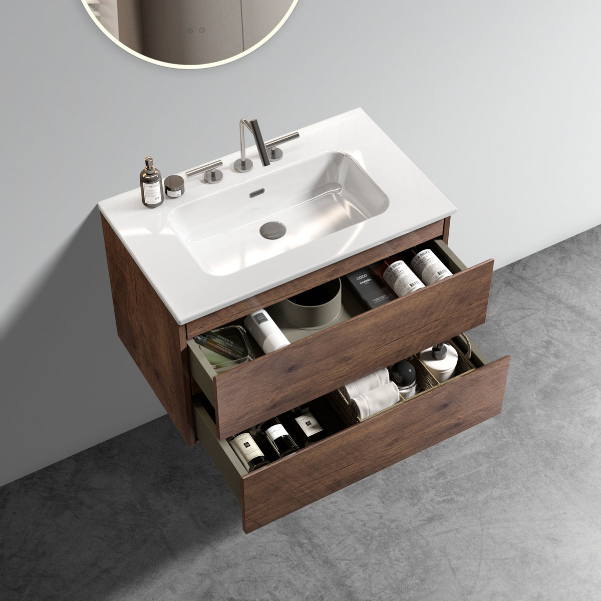 Wall Mount 30-Inch Bathroom Vanity, Walnut with Ceramic Sink