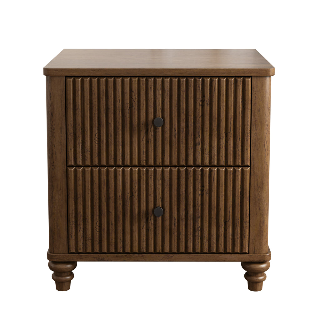 Fluted Nightstand, 21.65-Inch Wide with 3 Drawers, Mid Century Modern, Walnut