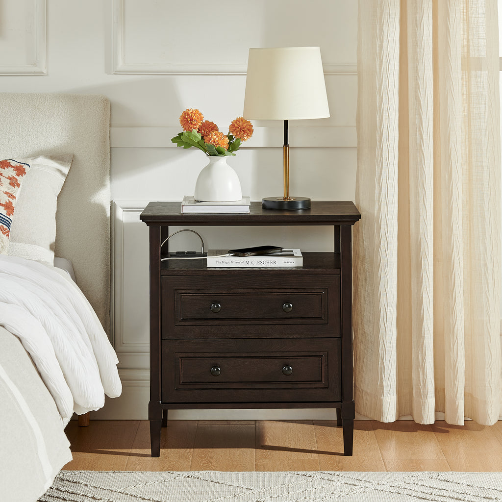 Wooden Bedside Nightstand with Open Cubby & 2 Storage Drawers, Freestanding Bedroom Side Cabinet for Bedside & Living Room Use
