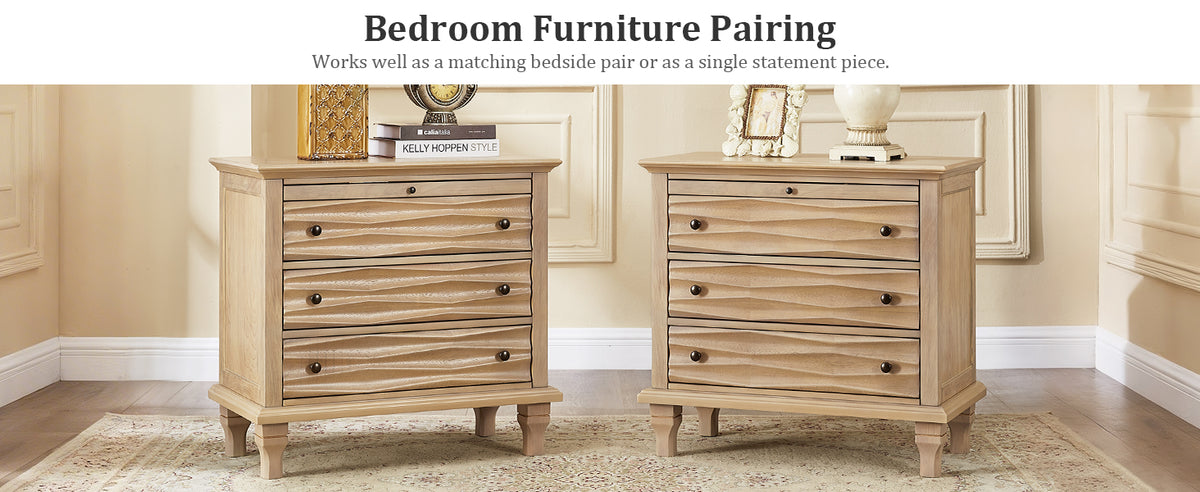 3 Drawer Nightstand with Charging Station, Bedside Table for Bedroom Wave-textured drawer fronts, built-in USB and Type-C charging, and spacious storage for bedside essentials