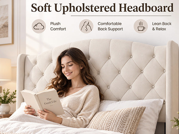 King Size Upholstered Platform Bed Frame with Velvet Tufted Headboard