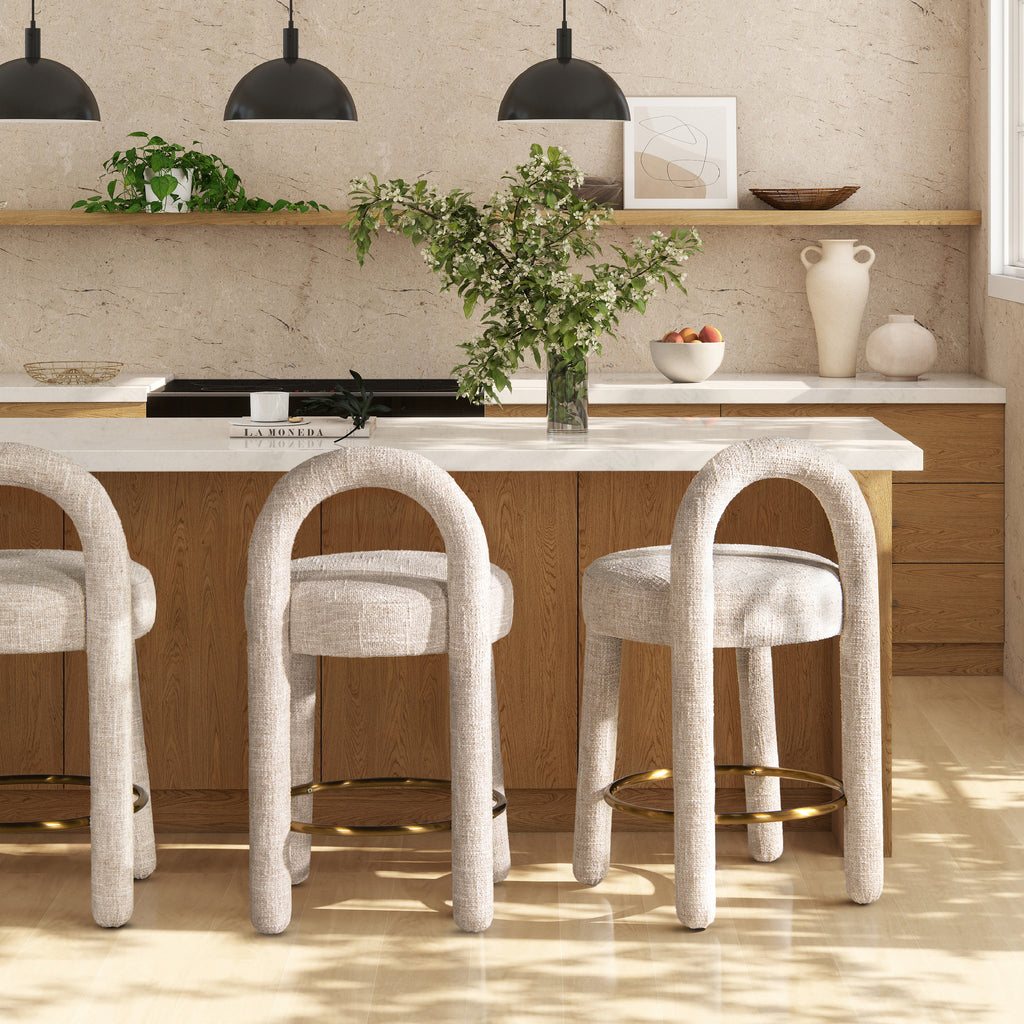 Penny 26.5" Round Arched Upholstered Counter Stool, Set of 2, Travertine