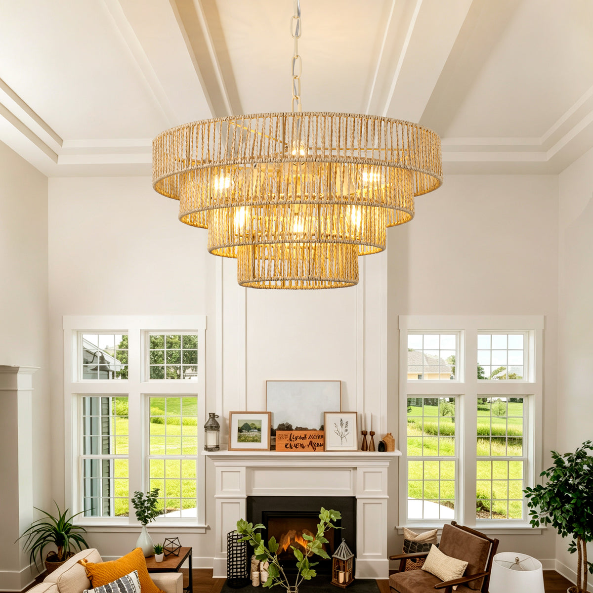 19.69" Tiered Glass Chandelier, 6-Light B12 Socket Pendant Light