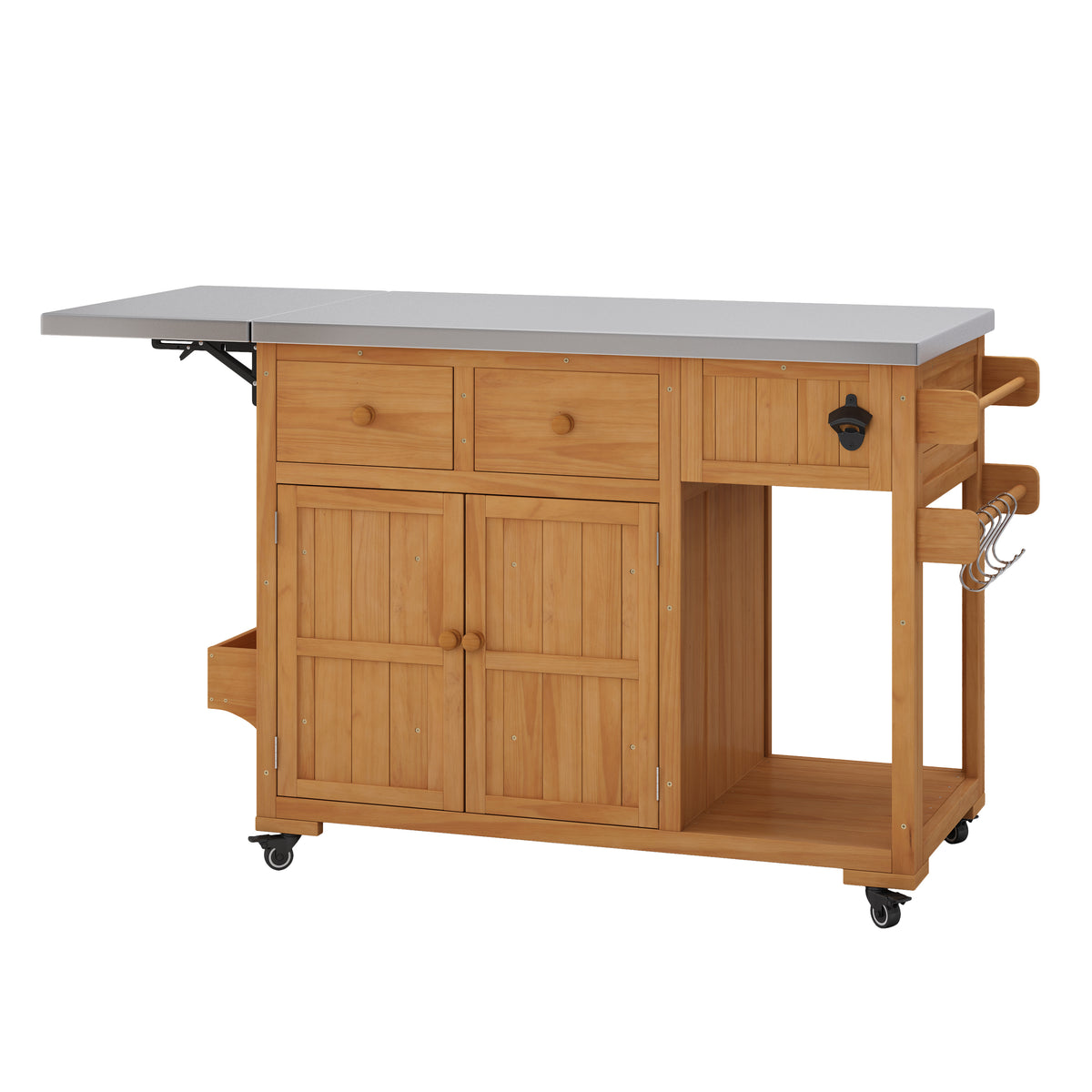 TOPMAX 59.9-Inch Outdoor Kitchen Cart, Solid Fir Wood with Extendable Stainless Steel Top, Natural