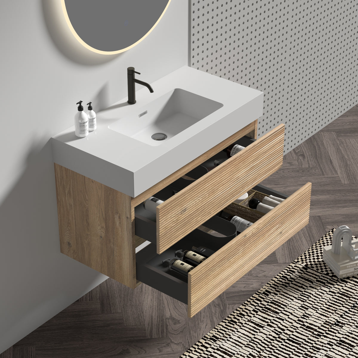Grace 36-Inch Wall-Mounted Bathroom Vanity, Oak and Glossy White