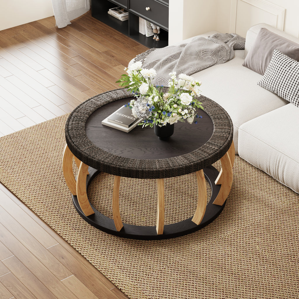 Vintage Rattan Solid Wood Round Coffee Table
