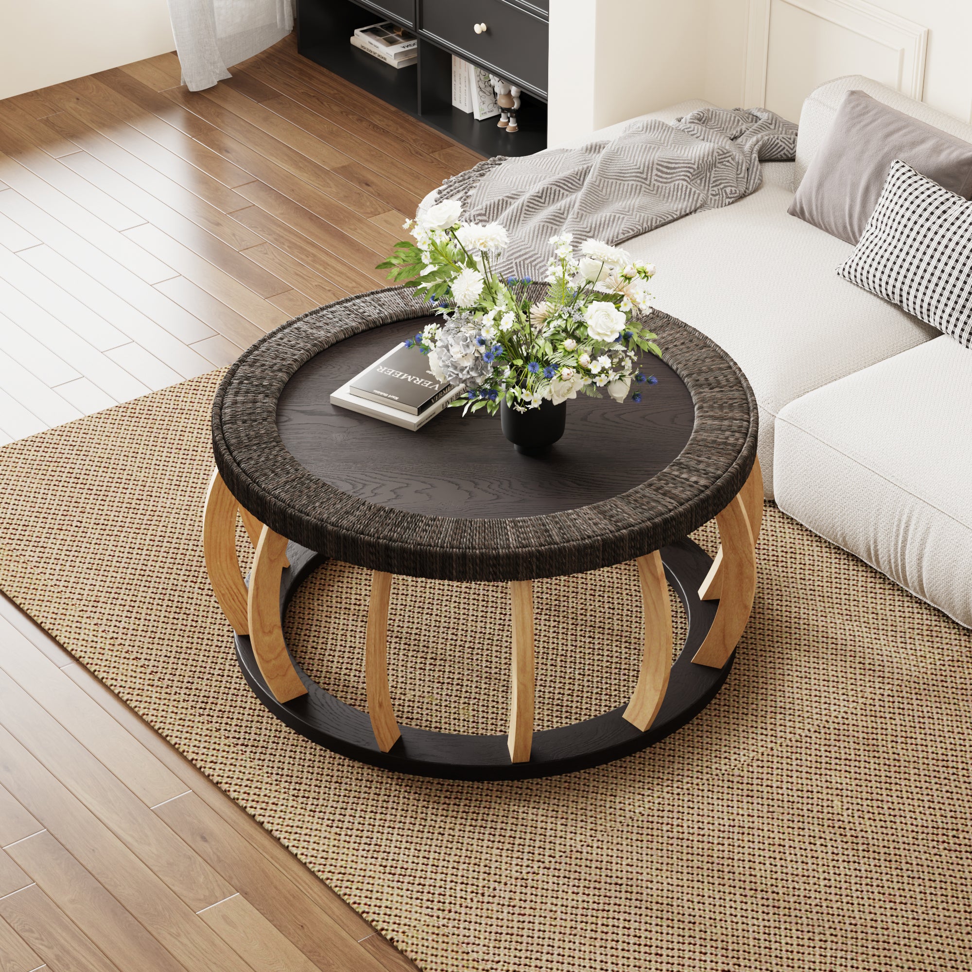 Vintage Rattan Solid Wood Round Coffee Table