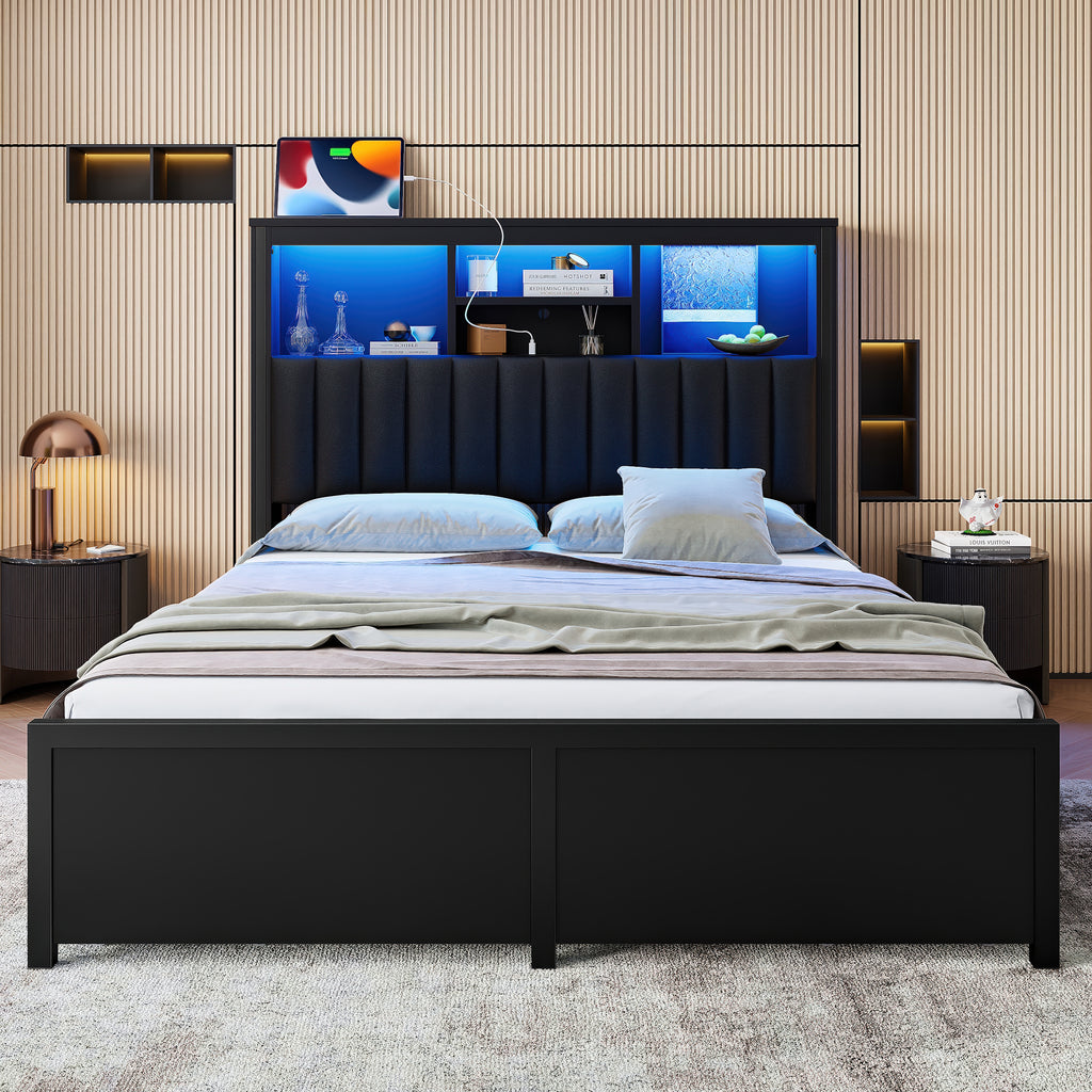 King Bed Frame with High Storage Headboard