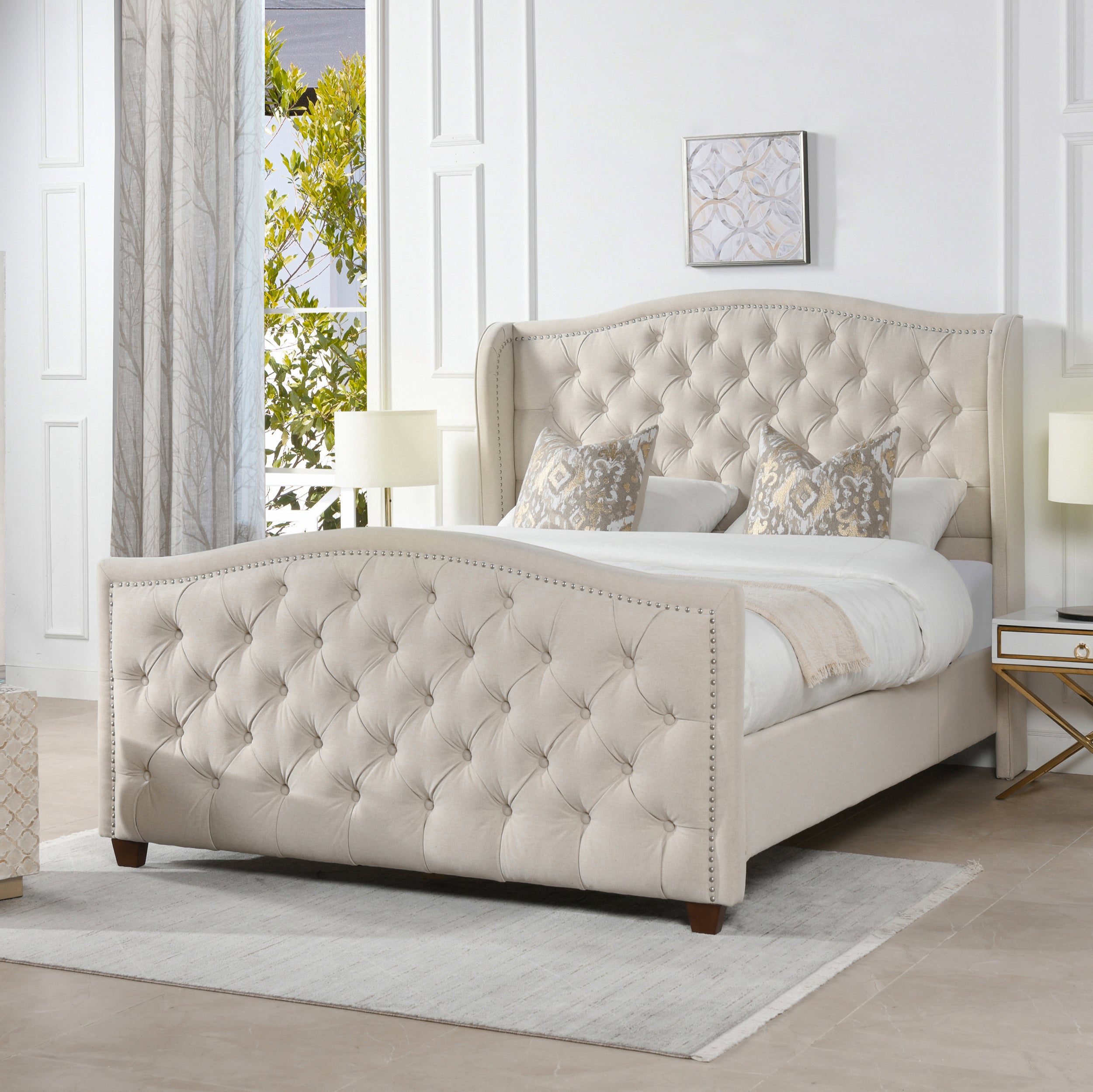 Marcella Upholstered Shelter Headboard Bed Set, Queen, Sky Neutral