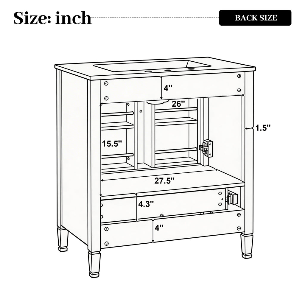 30" Elegant Fluted Bathroom Vanity with Ceramic Sink