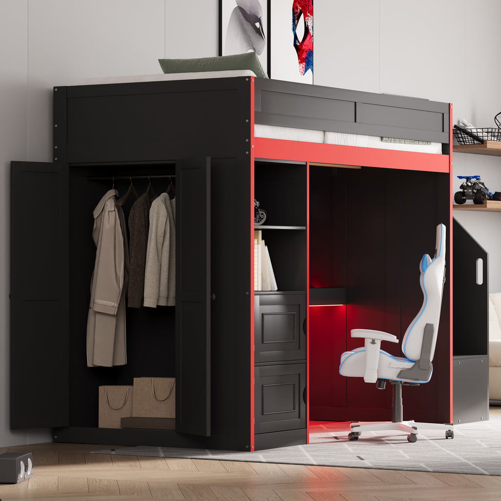 Gaming Loft Bed with Desk and Storage, LED Lights, Twin