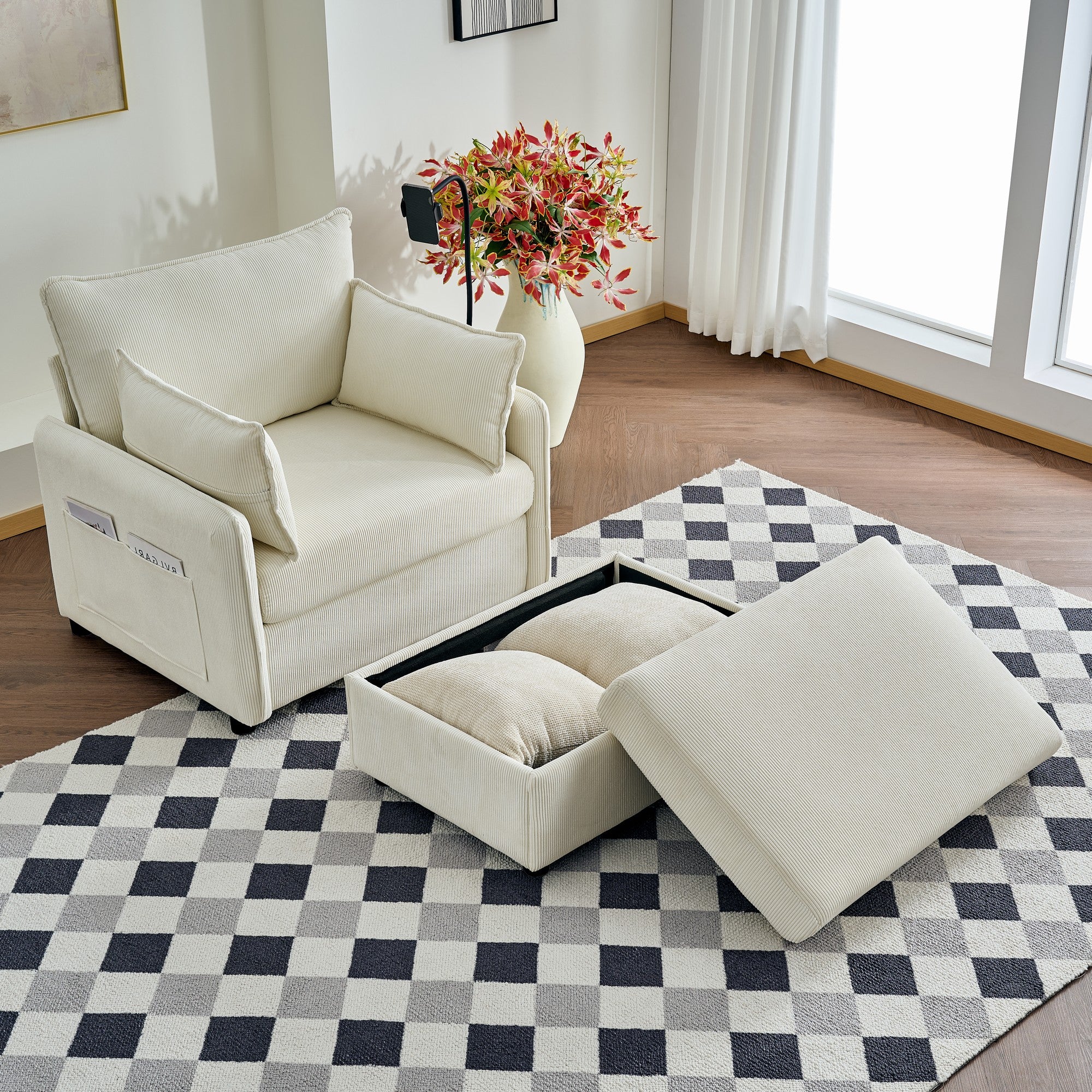 55" Oversized Chaise Lounge Chair Indoor with Ottoman and Storage