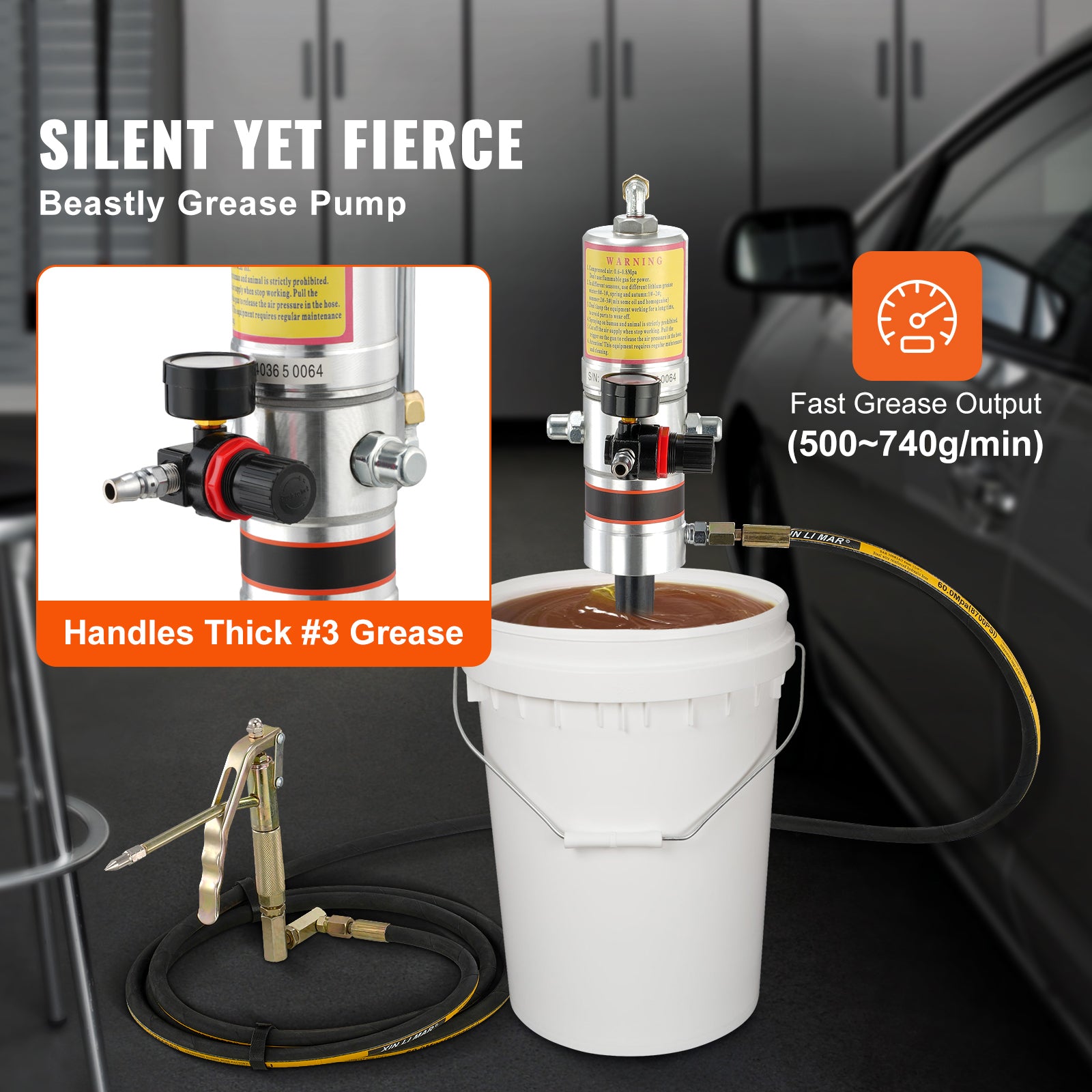 VEVOR Grease Pump, 50:1 Pressure Ratio Air Operated with Hose and Gun