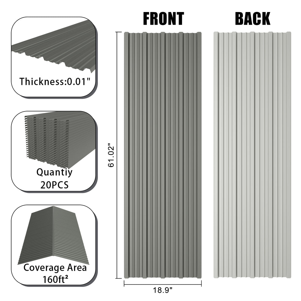 20-Piece Galvanized Steel Corrugated Roof Panels, 61×19 Inch, Gray