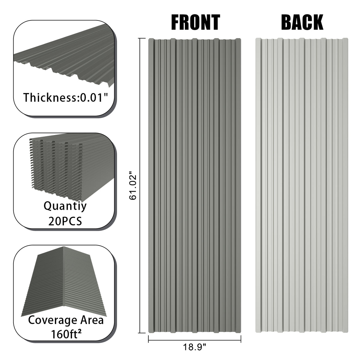 20-Piece Galvanized Steel Corrugated Roof Panels, 61×19 Inch, Gray