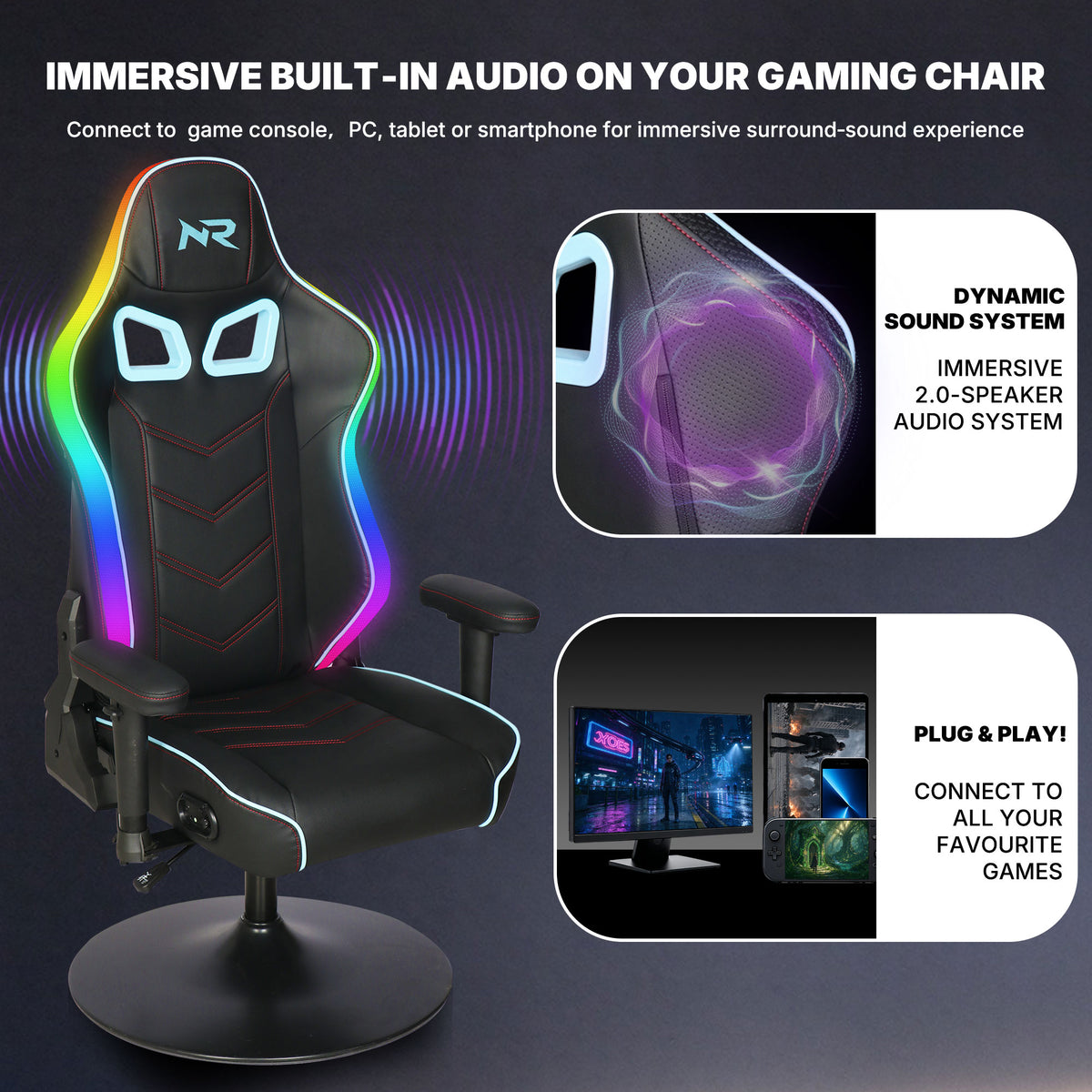 NoxRoc Pedestal Gaming Chair with Built-in Speakers and RGB LED Lights, Black